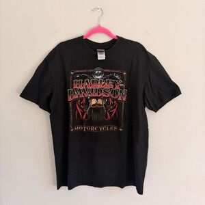 BLACK HARLEY DAVIDSON UPSIDE DOWN PERSON GRAPHIC T-SHIRT